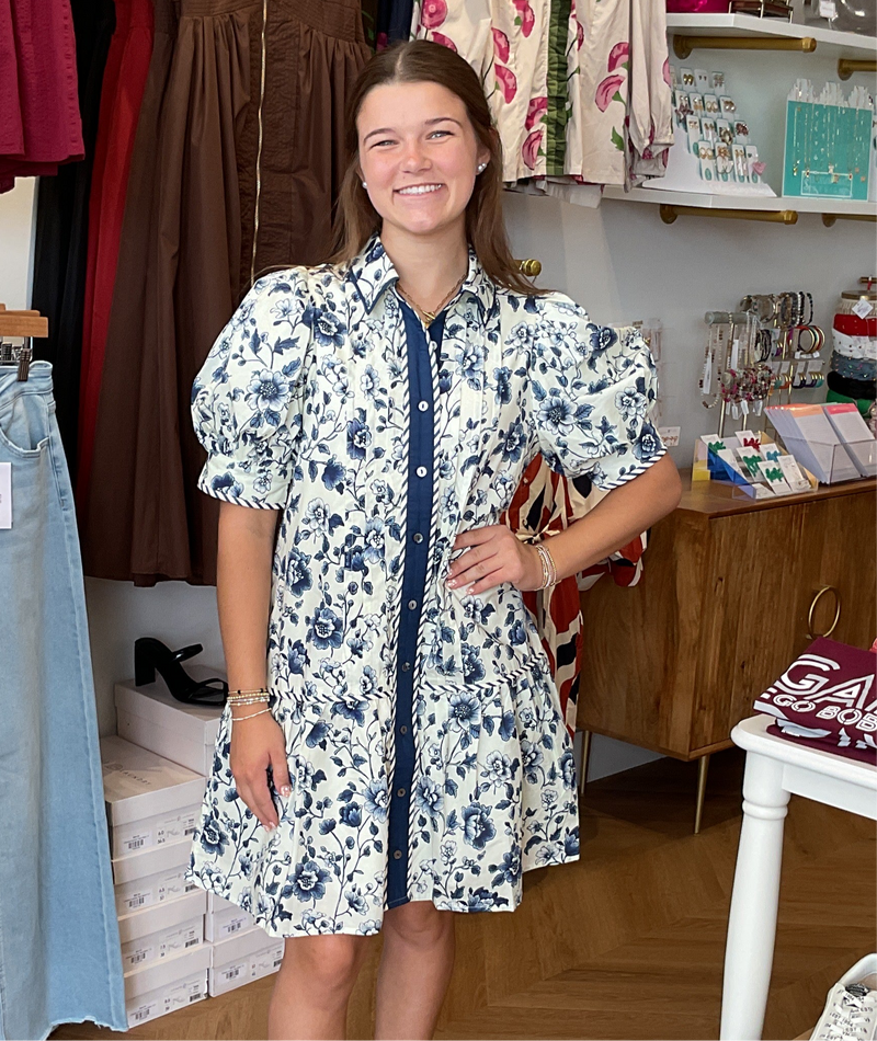 Blue Floral Button Front Dress