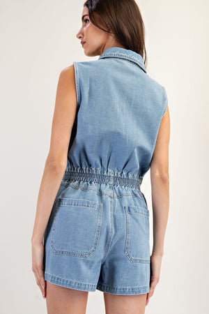 Zip front denim romper