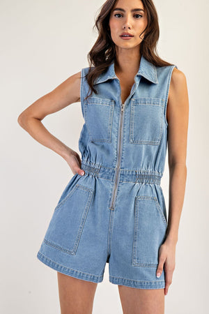 Zip front denim romper