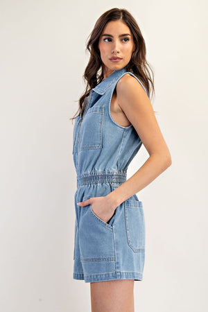 Zip front denim romper