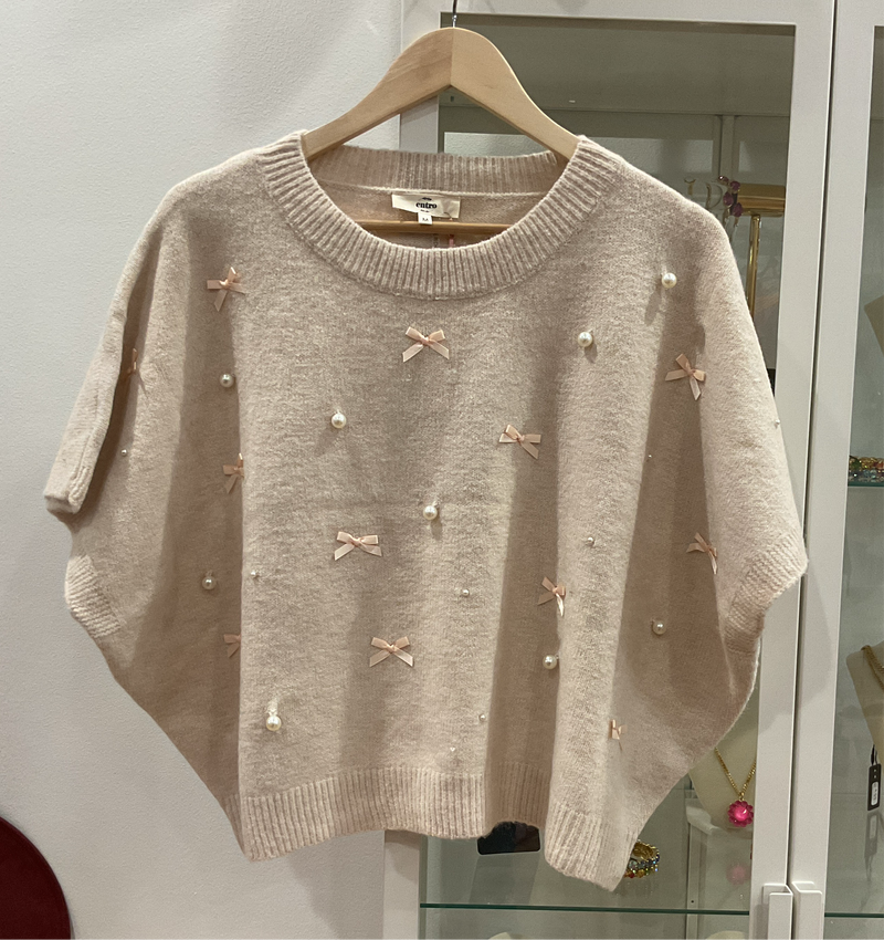 Bow and Pearl Embellished short sleeve sweater