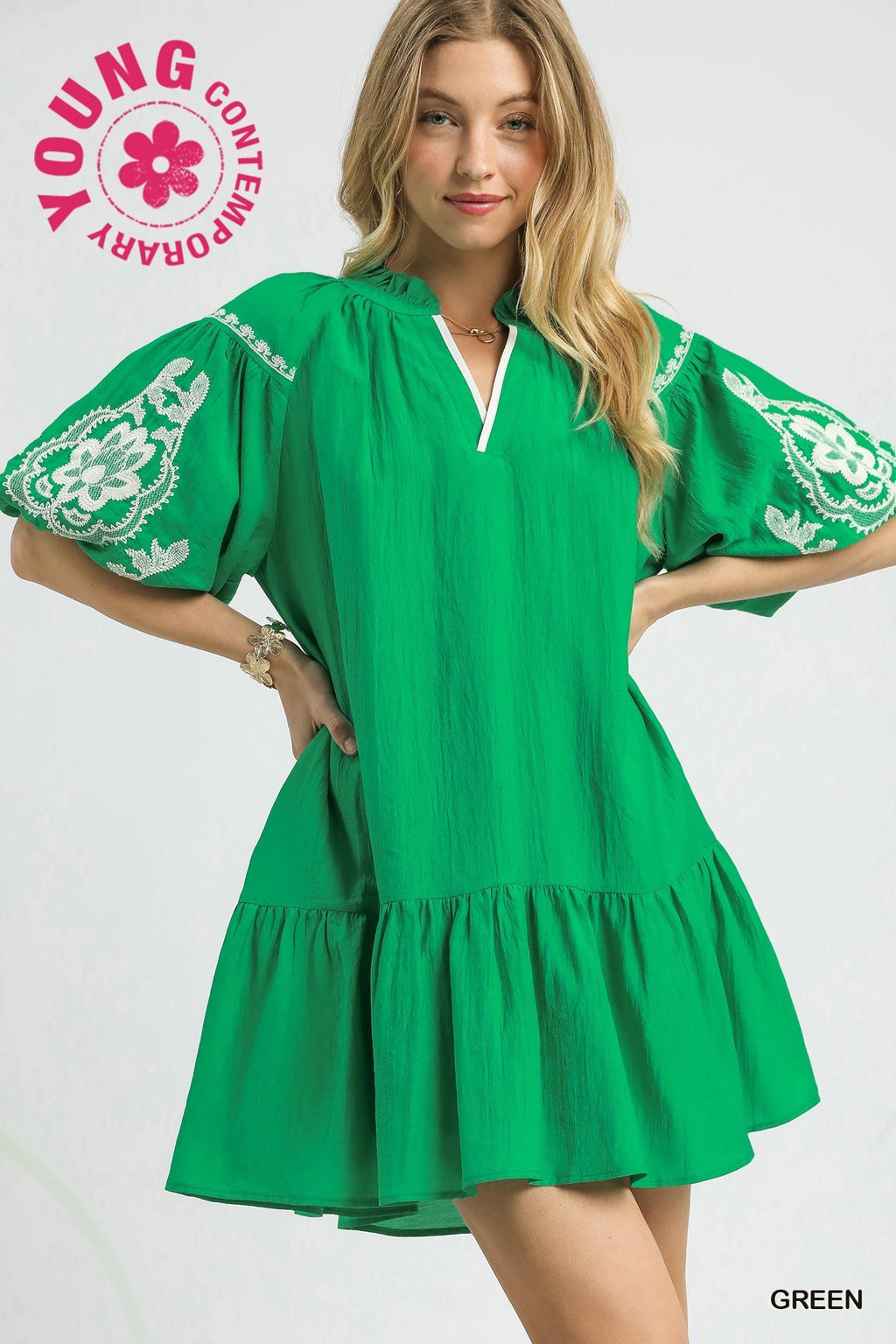 Green Embroidered Mini Dress