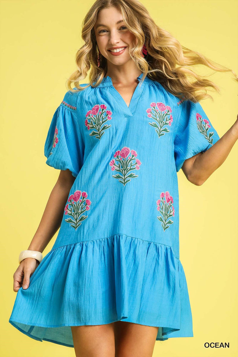 Boho Floral Embroidered Dress Ocean