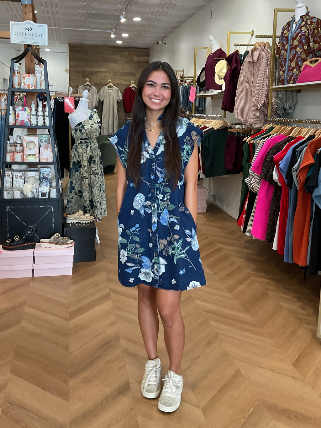 Denim Floral Button Front Dress