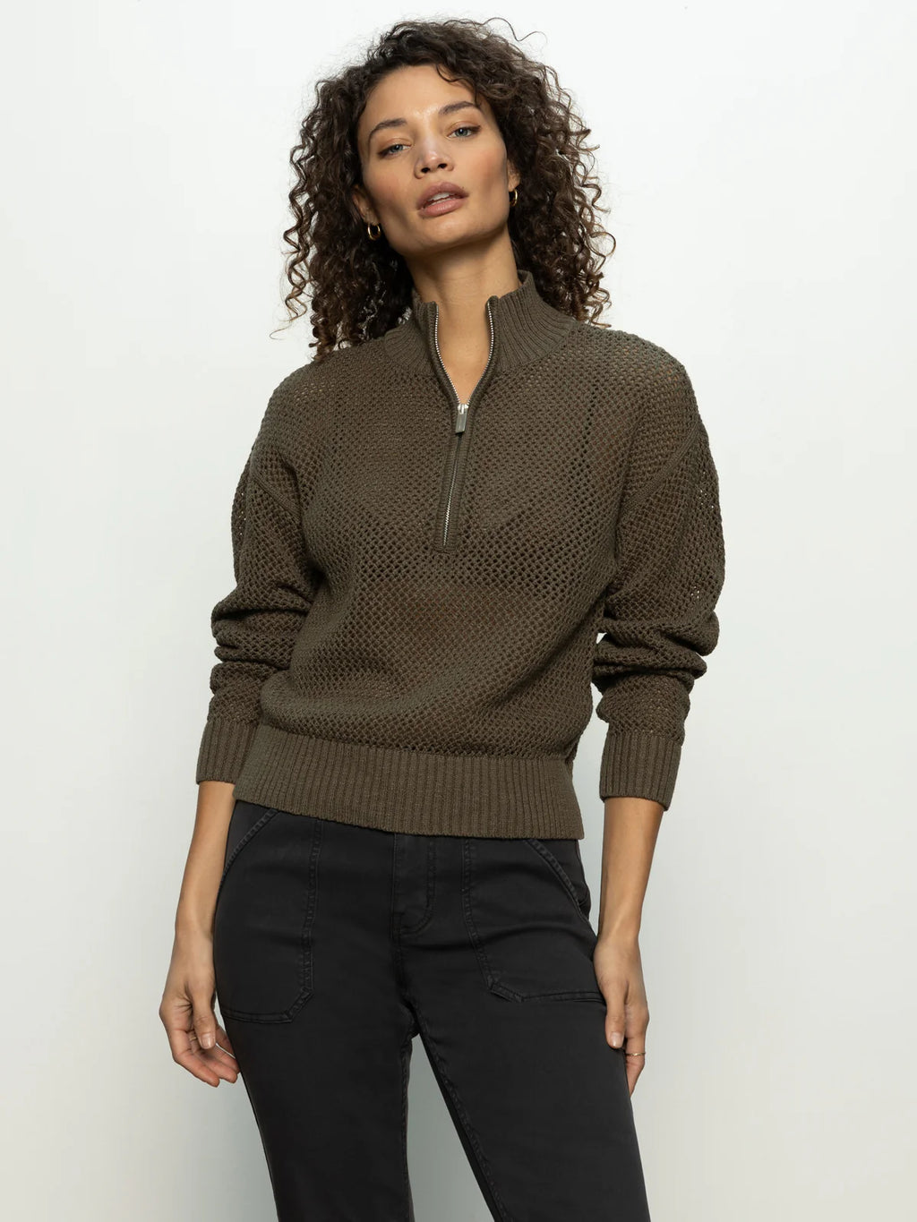 Sanctuary Open Knit Half-Zip Sweater Kalamata