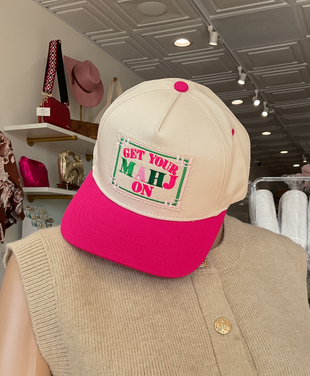 Trucker Hat- Get Your Mahj On- Hot pink Brim