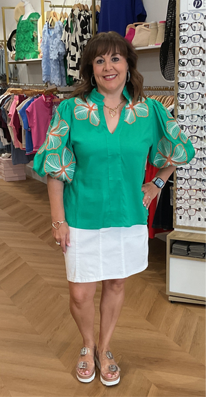 THML Green Puff sleeve embroidered blouse
