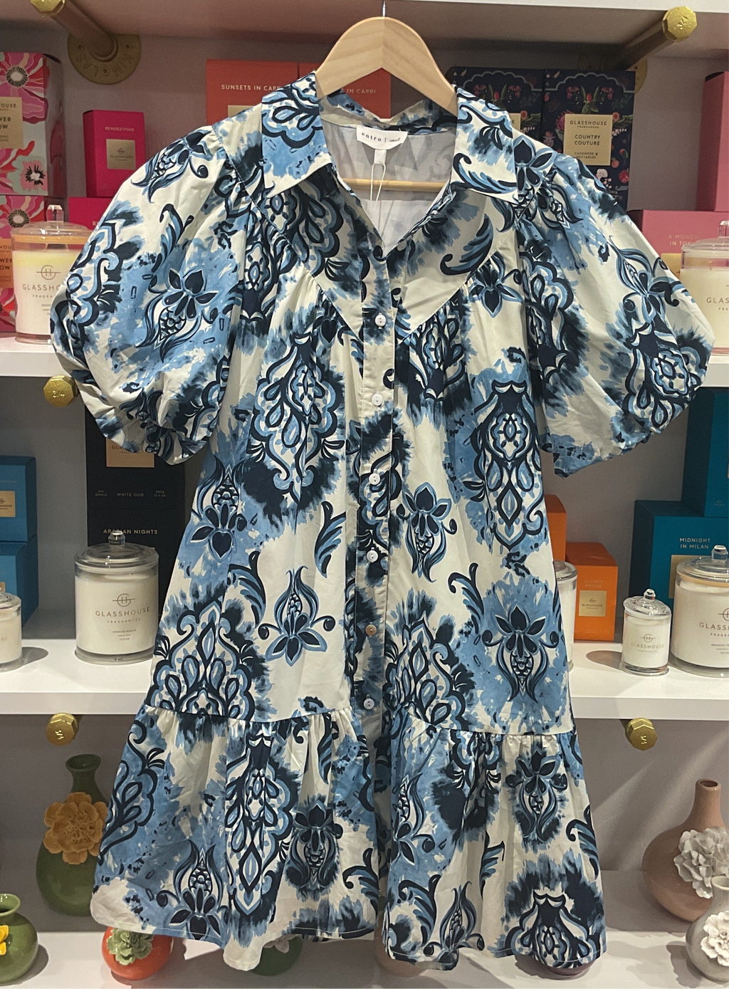 Ivory w/ Navy print Drop Ruffle Mini dress