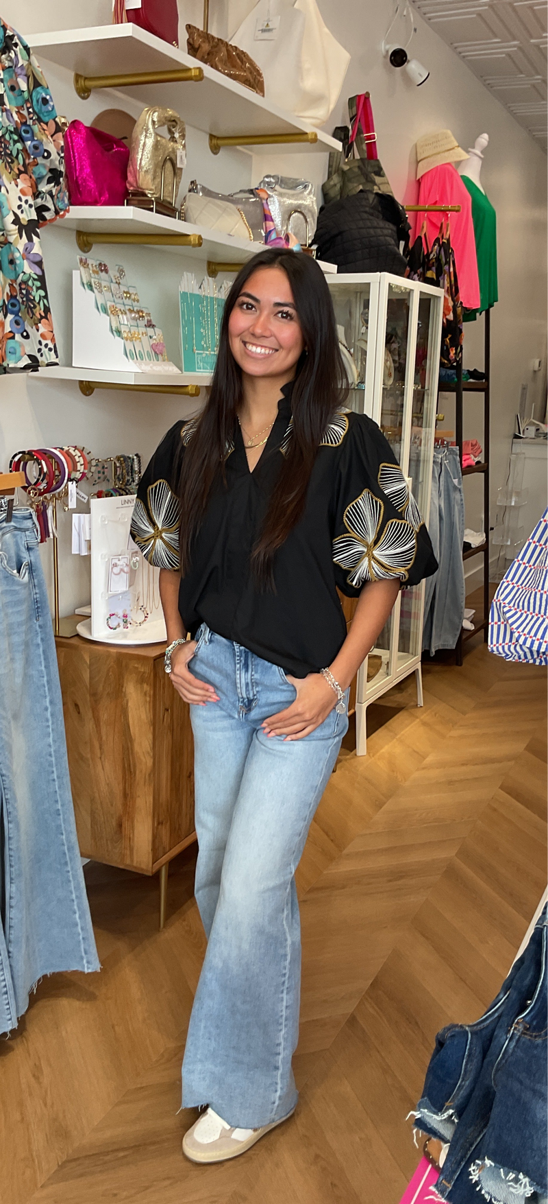 THML Black Puff sleeve embroidered blouse