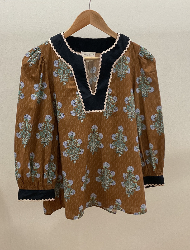 Camel Floral Blouse w/ Collar Trim Detail