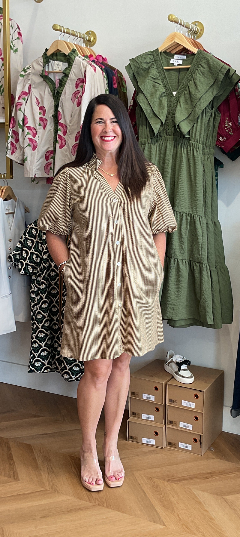 THML Neutral Stripe Button Front Dress