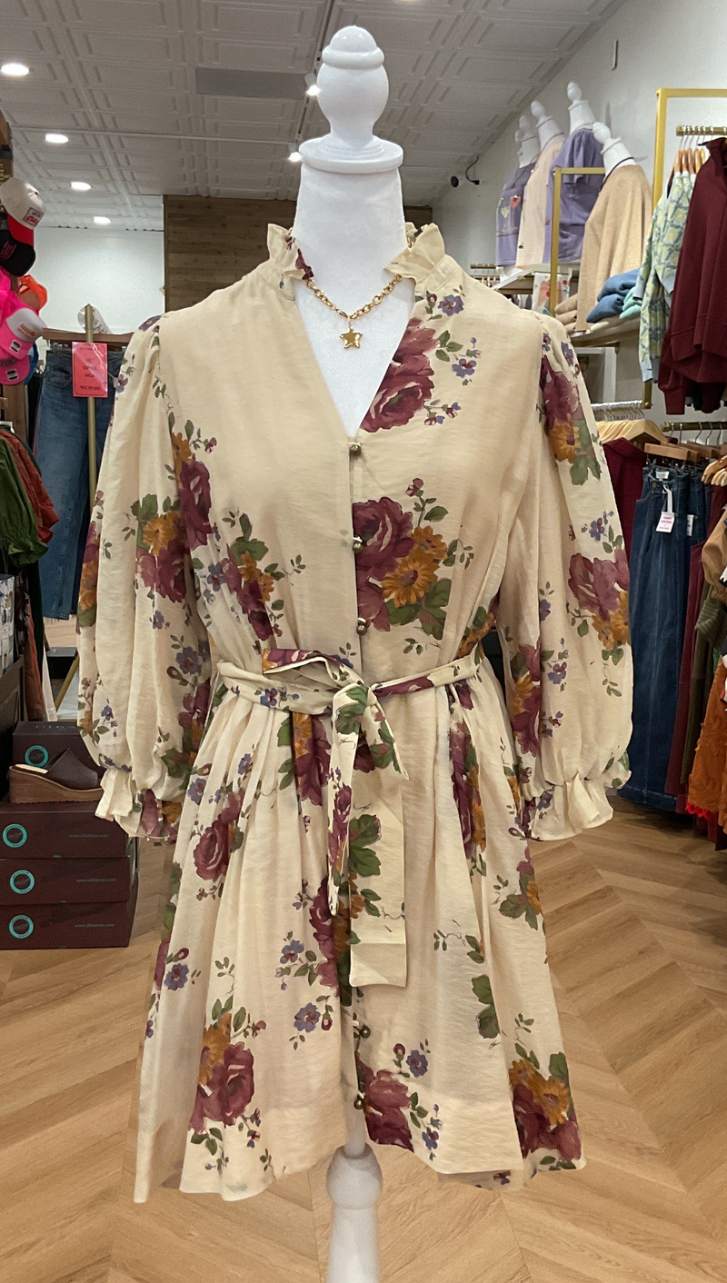 Ecru Floral Front Tie Mini Dress