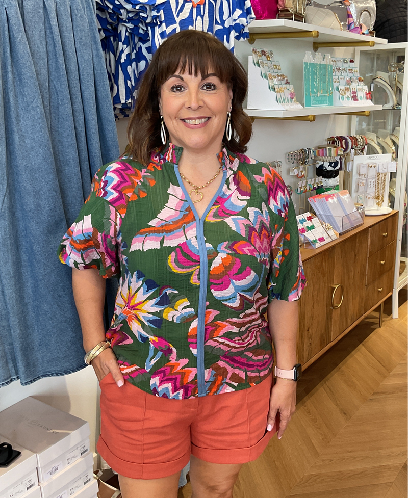 THML Green Abstract Blouse w/ Blue Trim