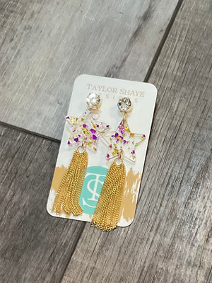 TS Purple and Gold Sparkle Star Tassel Earrings