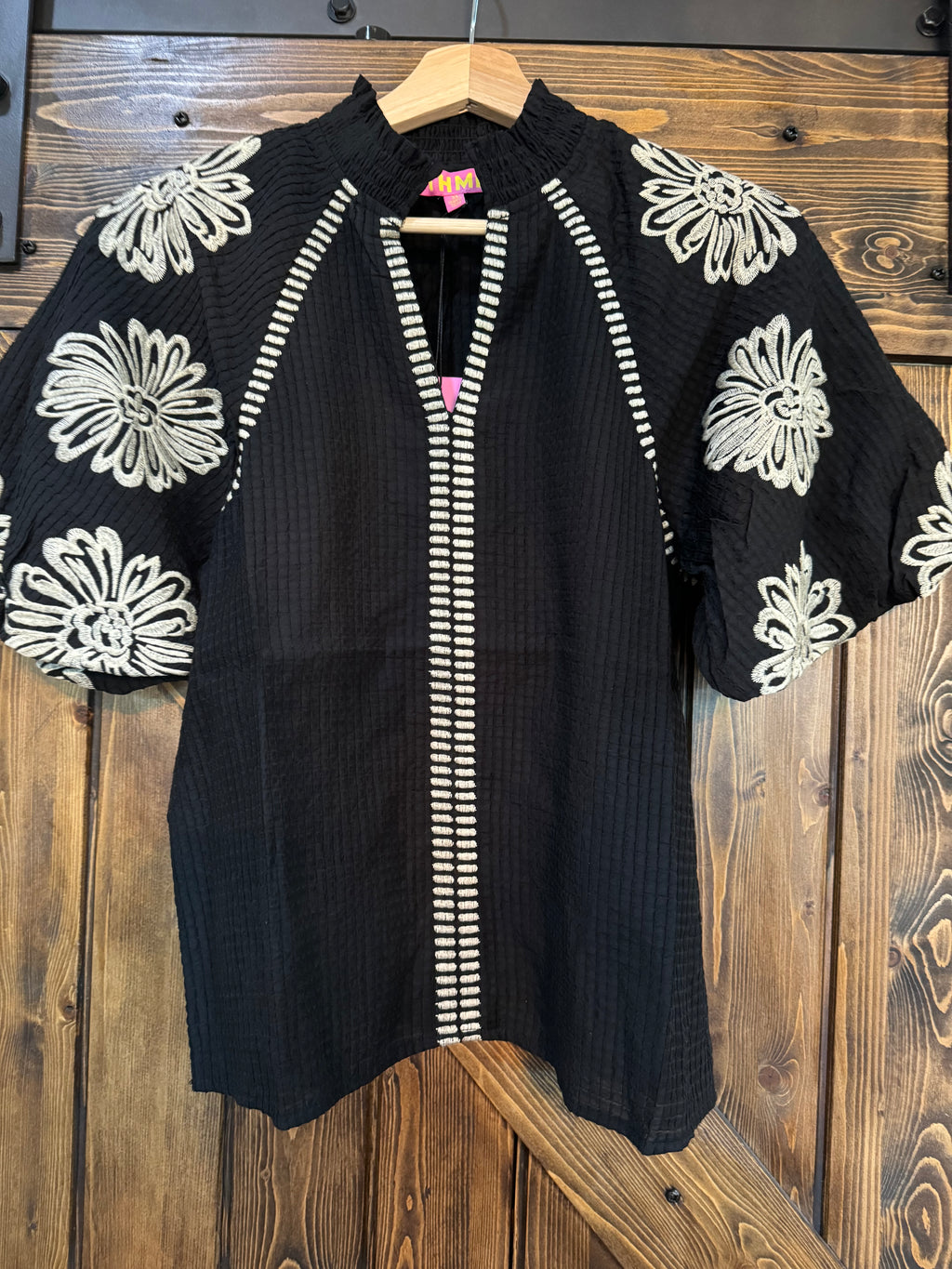 THML Black/white embroidered puff sleeve