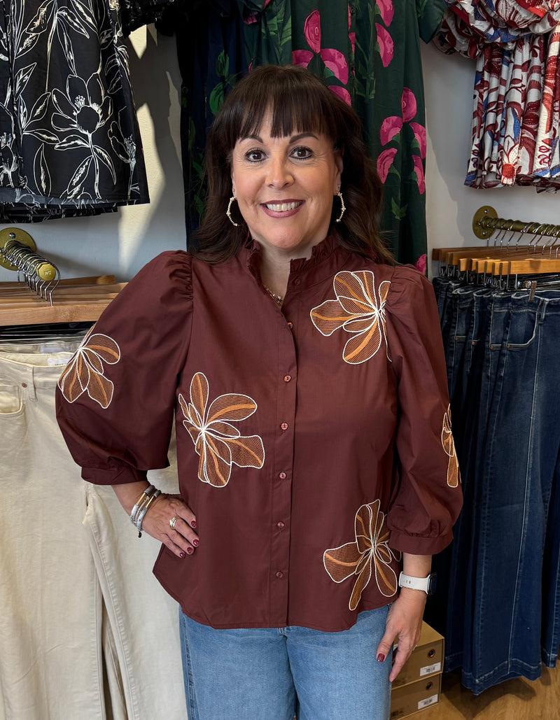 Chocolate Floral Embroidered Button Front Blouse