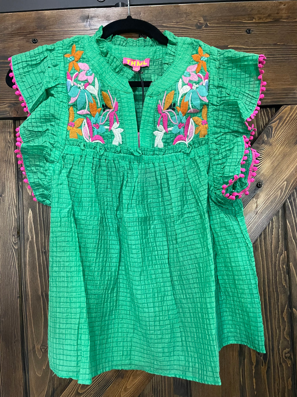 THML Green embroidered flutter sleeve