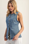 Button Front Washed Denim Vest