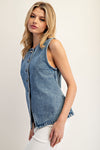 Button Front Washed Denim Vest