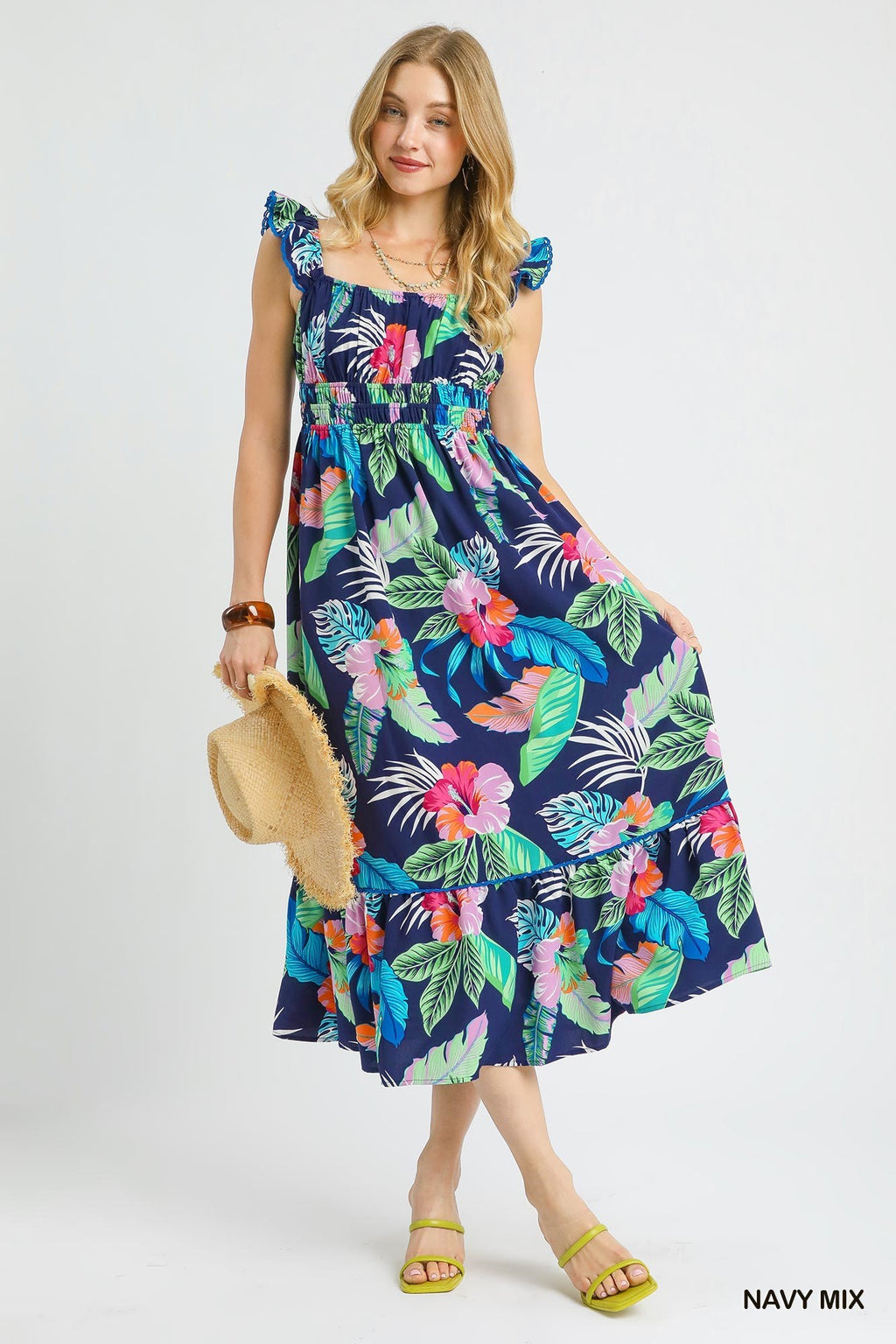 Tropical Ruffle Strap Midi