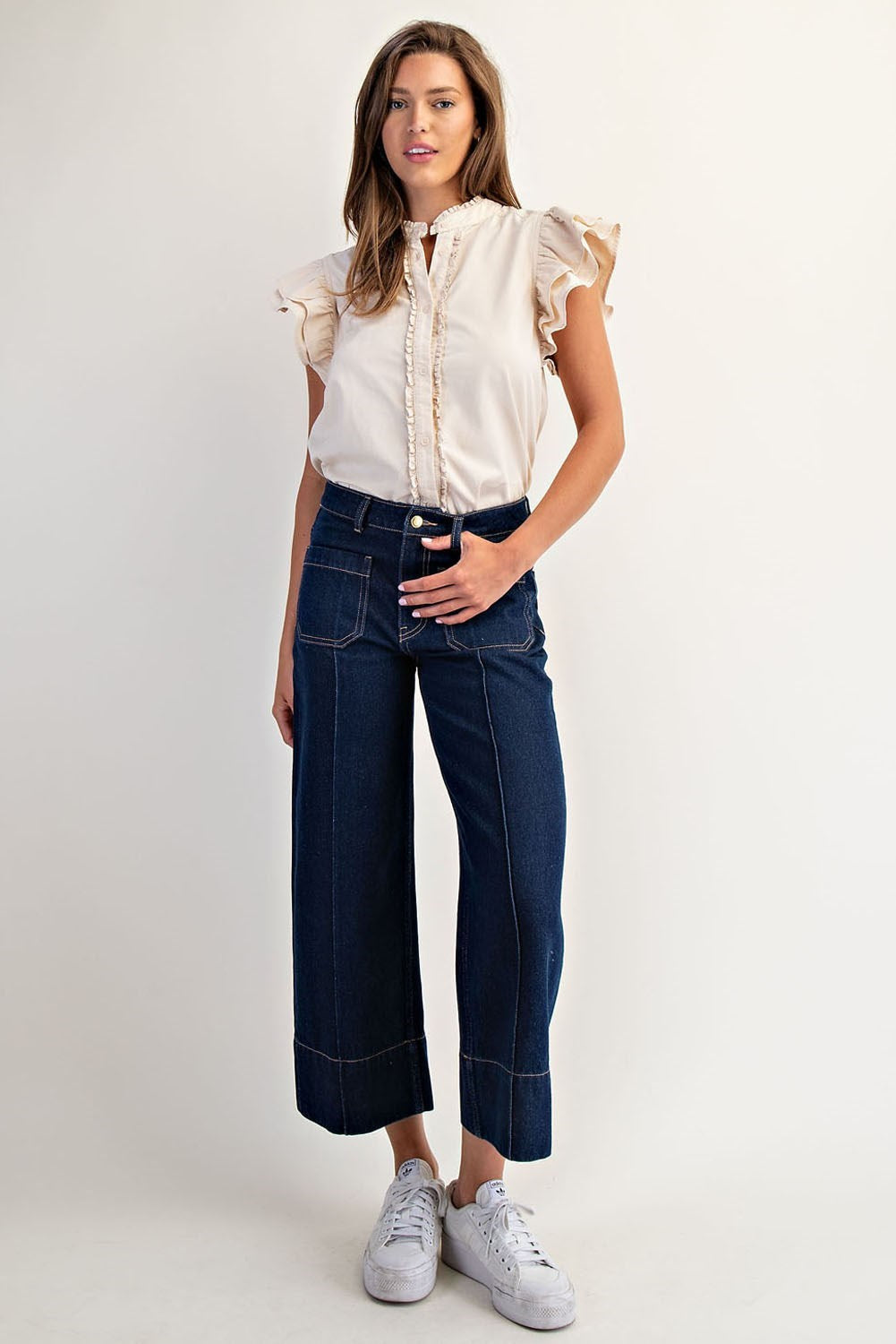 Contrast seam wide leg front pocket jeans