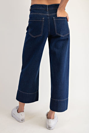 Contrast seam wide leg front pocket jeans