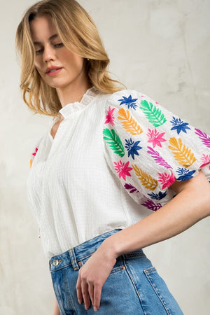 THML white embroidered puff sleeve top