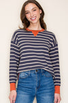 Color contrast rib crew neck pullover