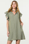 THML Stripe Olive dress with collar detail