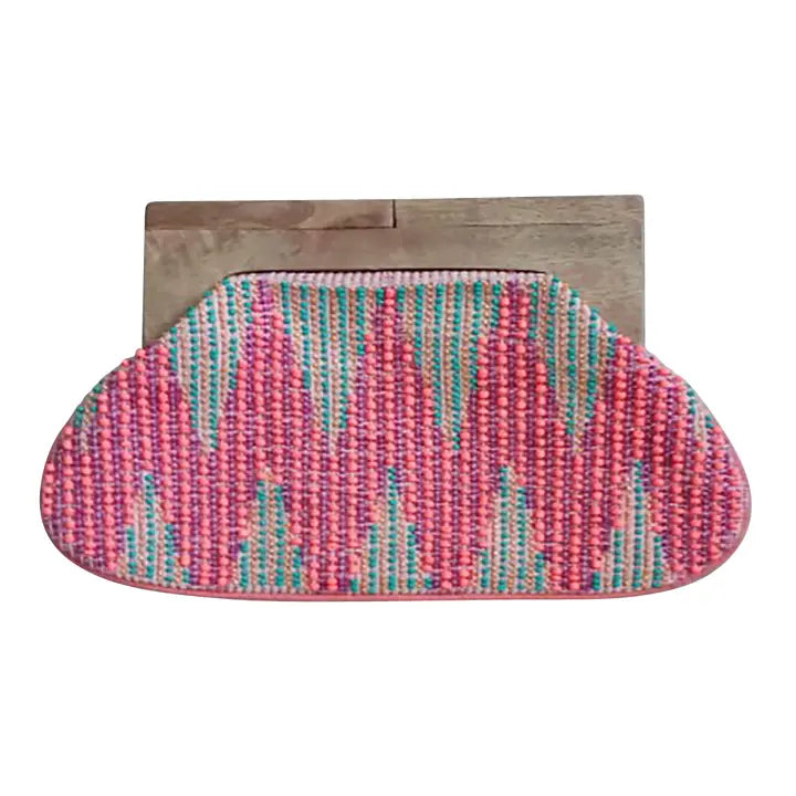 Beaded clutch with wooden handle Pink Zag