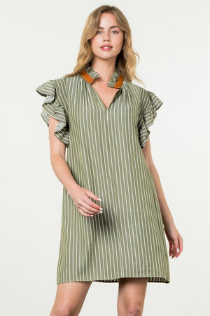 THML Stripe Olive dress with collar detail