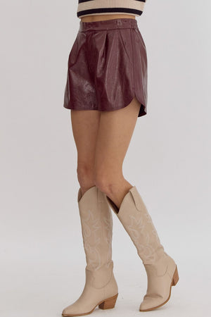 Wine metallic faux leather shorts