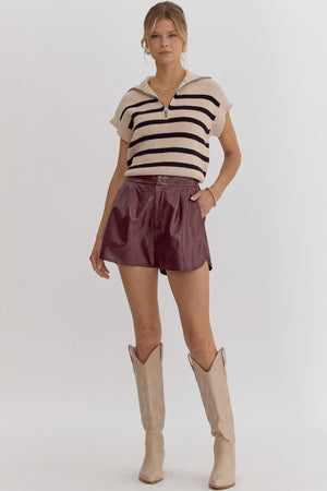 Wine metallic faux leather shorts