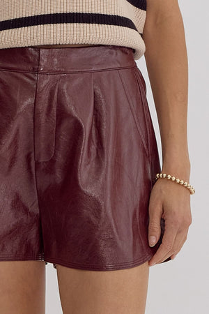 Wine metallic faux leather shorts