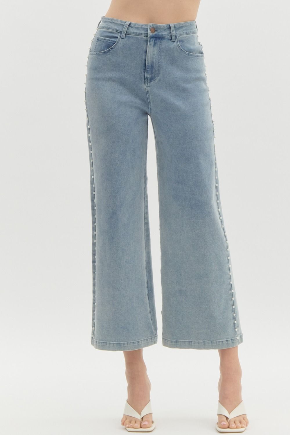 Pearl Detail Wide Leg Pants DENIM