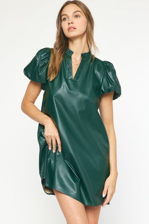 Faux leather puff sleeve dress
