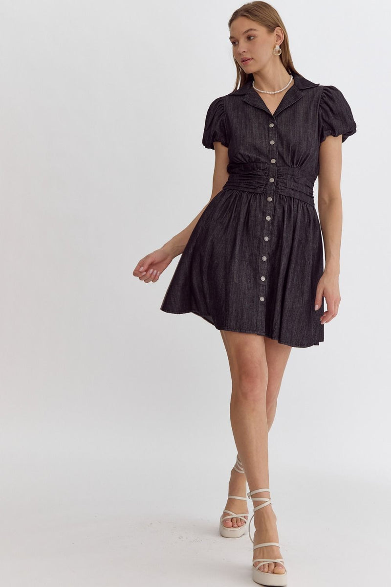 Black Denim Button Up Mini Dress