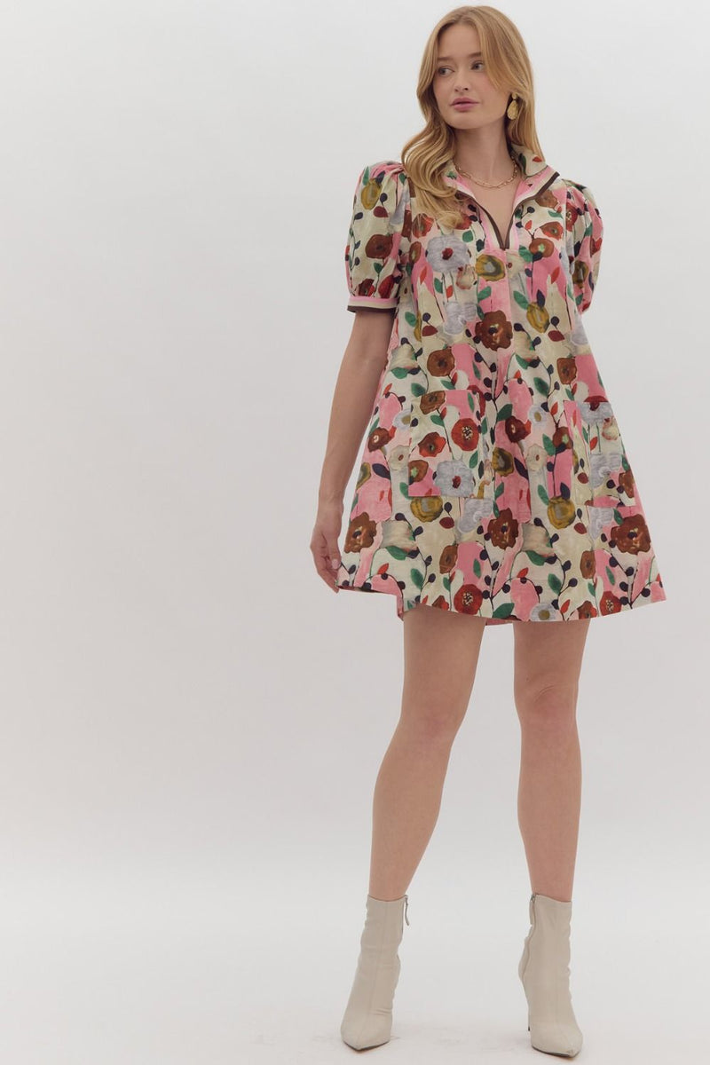 Floral print dress Stripe neckline