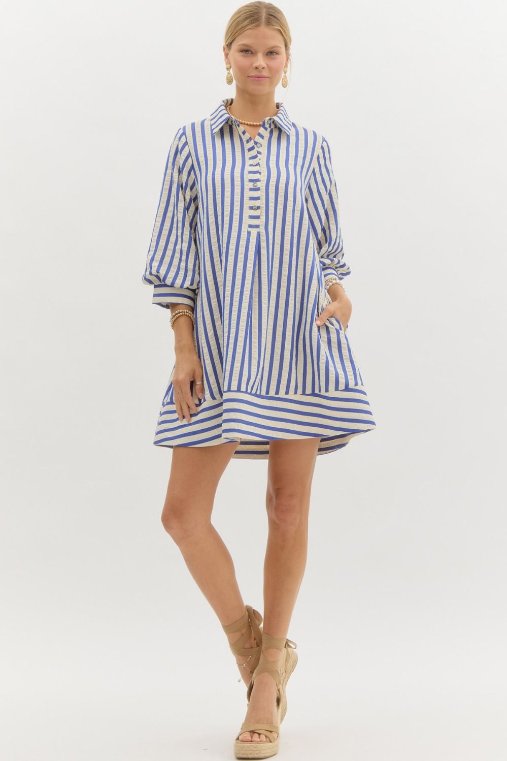 Textured 3/4 Bubble Sleeve Dress