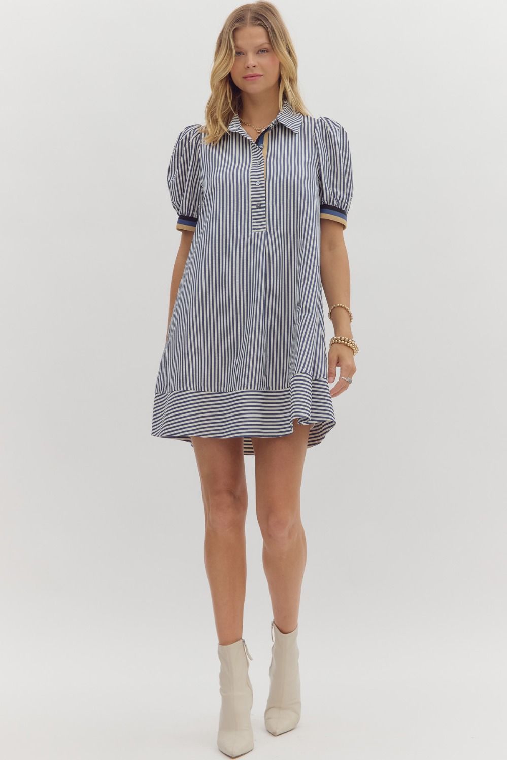 Navy Stripe Dress w/ Contrast Trim