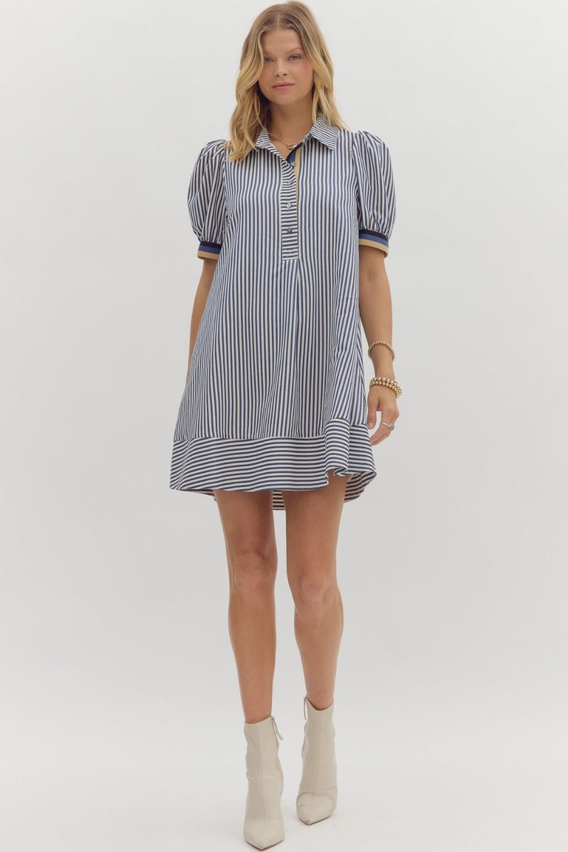 Navy Stripe Dress w/ Contrast Trim