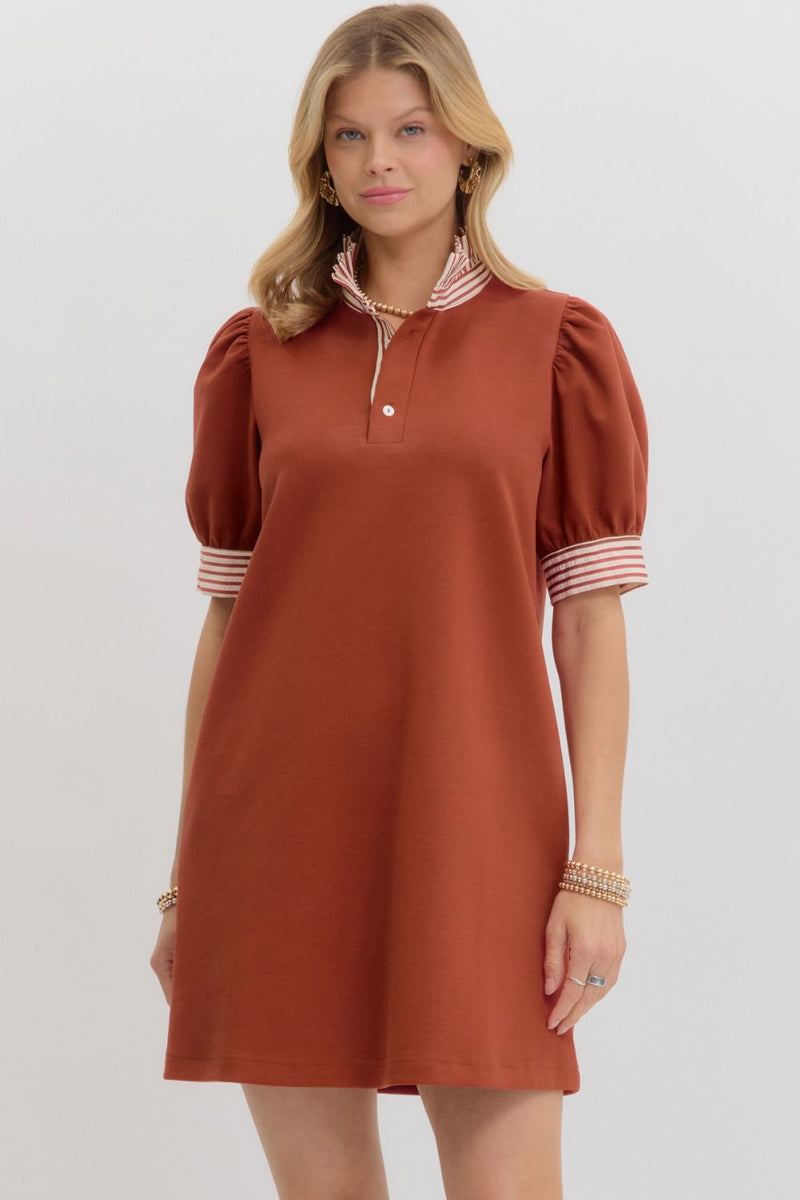 Rust Pullover polo dress w/ stripe detail