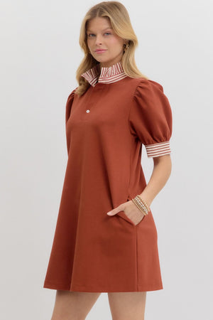 Rust Pullover polo dress w/ stripe detail