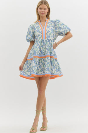 Blue Floral Bubble Sleeve Dress