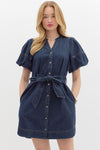 Puff Sleeve Denim Dress w/ Tie