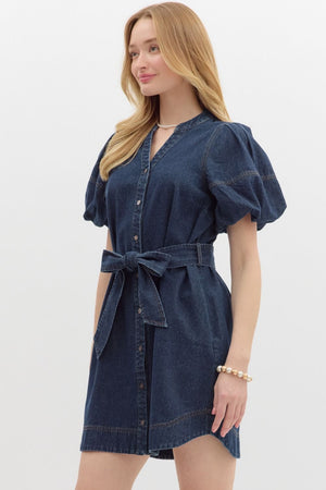 Puff Sleeve Denim Dress w/ Tie