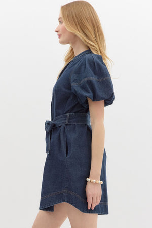 Puff Sleeve Denim Dress w/ Tie