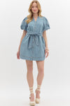 Puff Sleeve Denim Dress w/ Tie