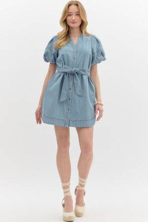 Puff Sleeve Denim Dress w/ Tie