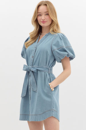 Puff Sleeve Denim Dress w/ Tie